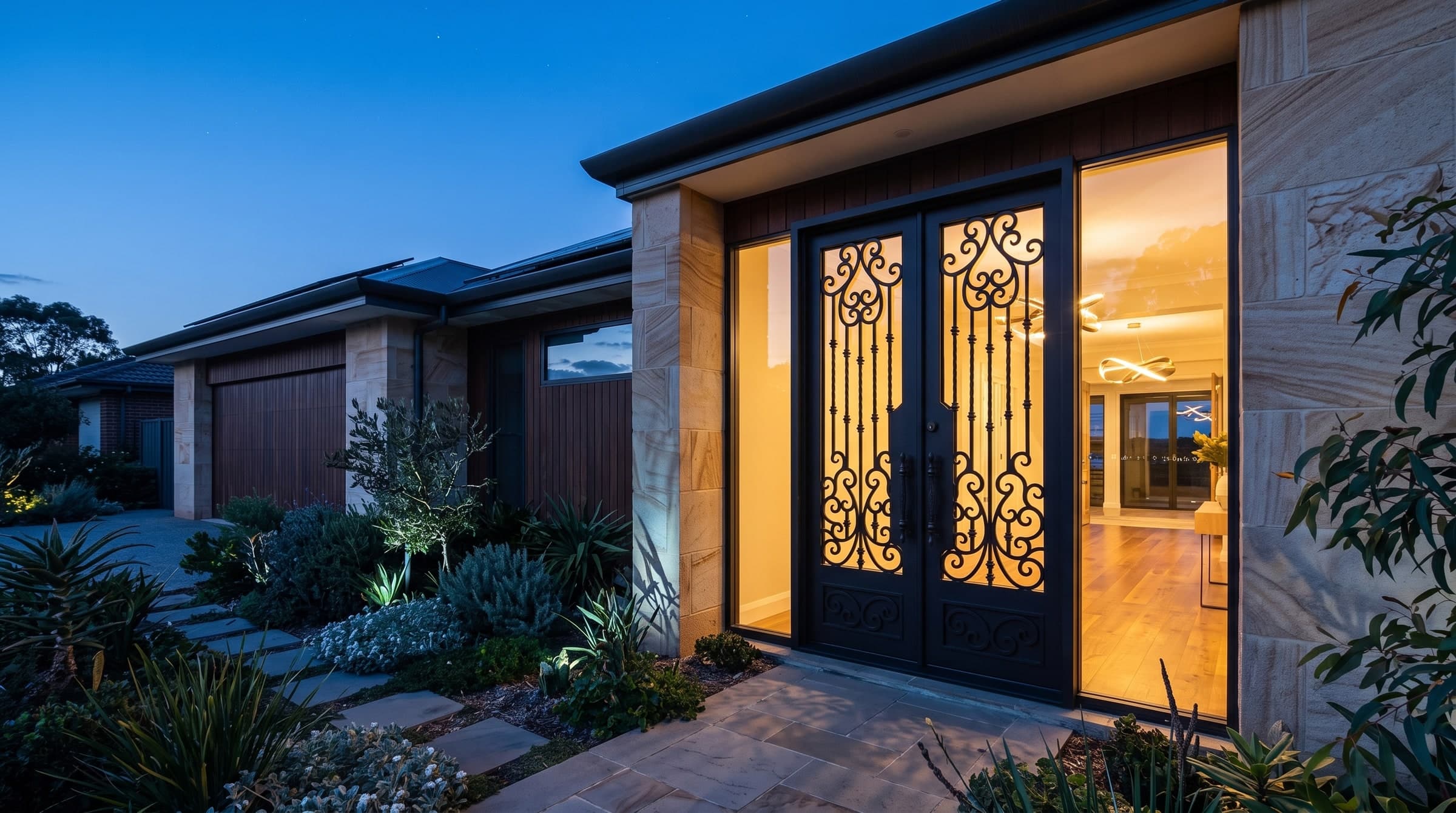 Twilight entrance — matte-black wrought-iron scrollwork door glowing against a sandstone wall at dusk