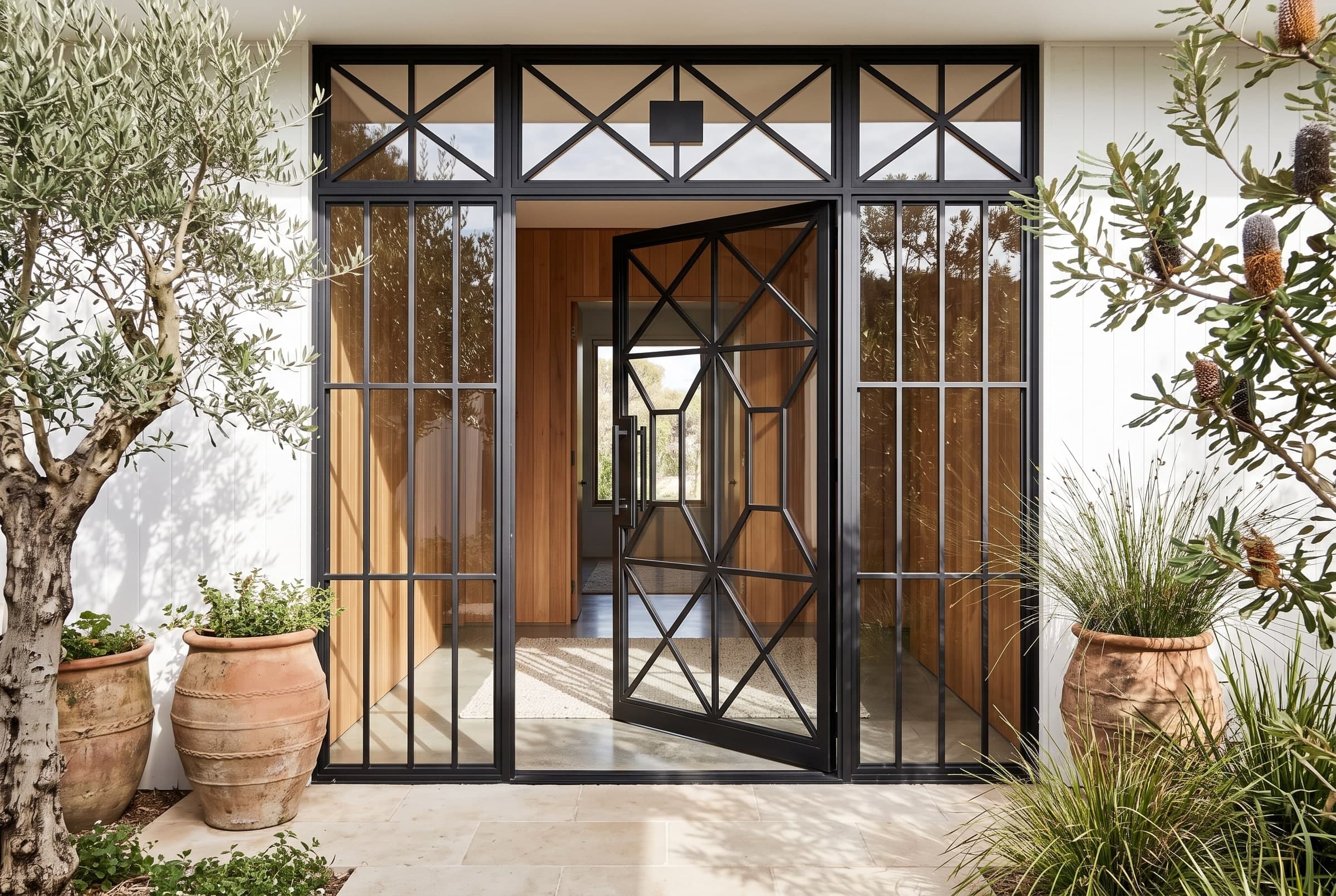 Farmhouse entrance — matte-black wrought-iron pivot door with crossed-muntin glazing on a terracotta forecourt
