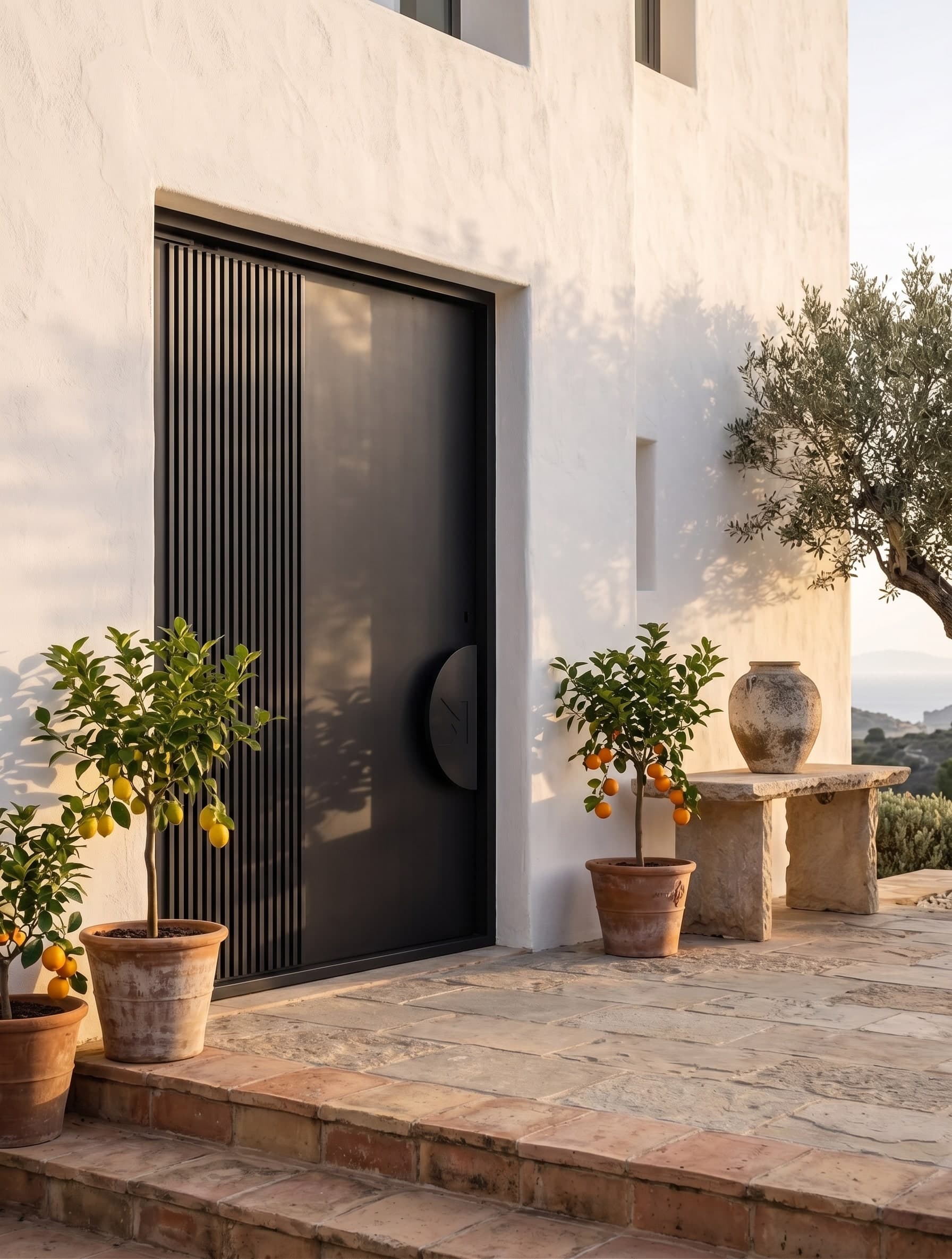 Mediterranean entrance — minimalist matte-black wrought-iron door with lemon trees and a sea view at golden hour