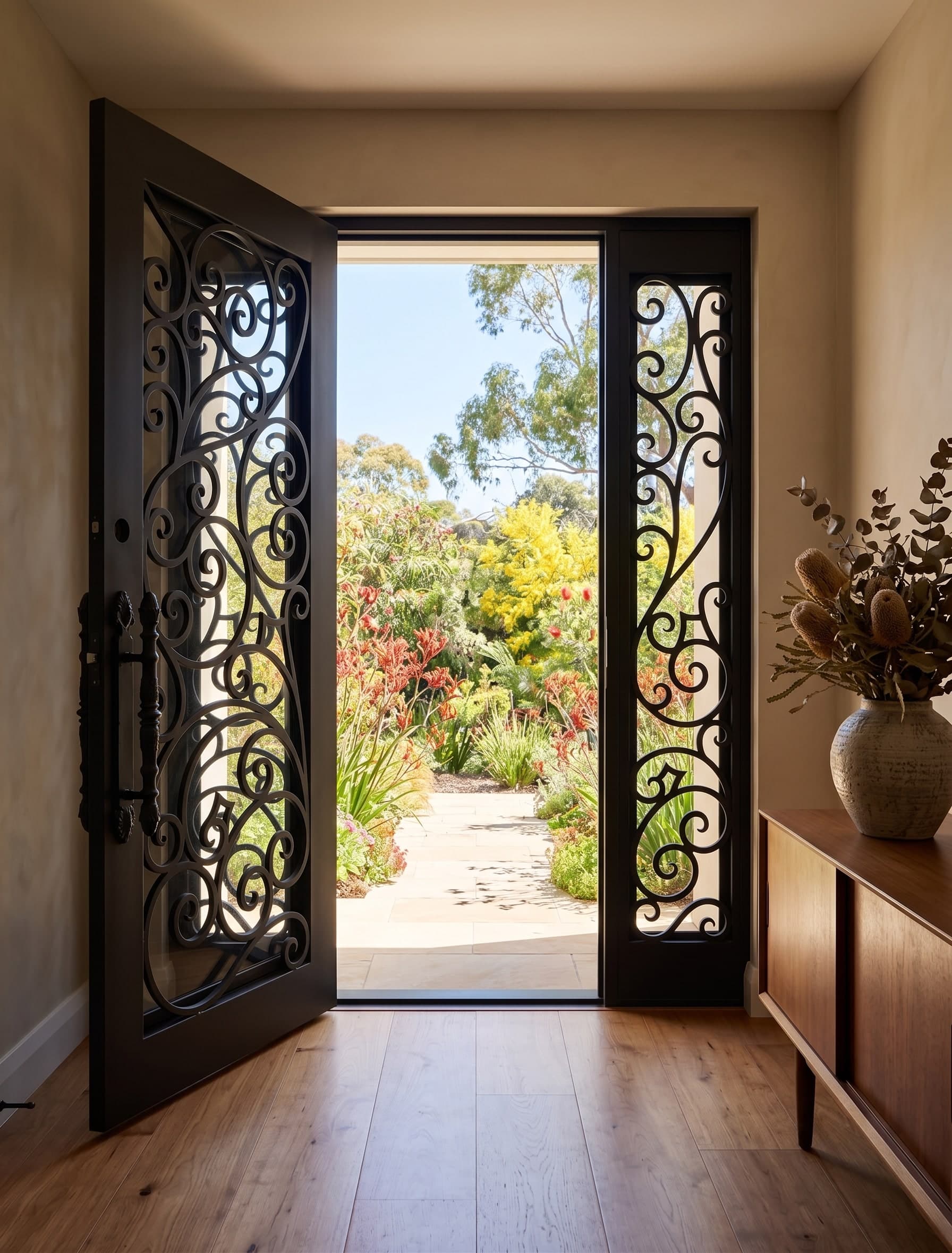 Matte-black wrought-iron scrollwork door standing open to a native garden