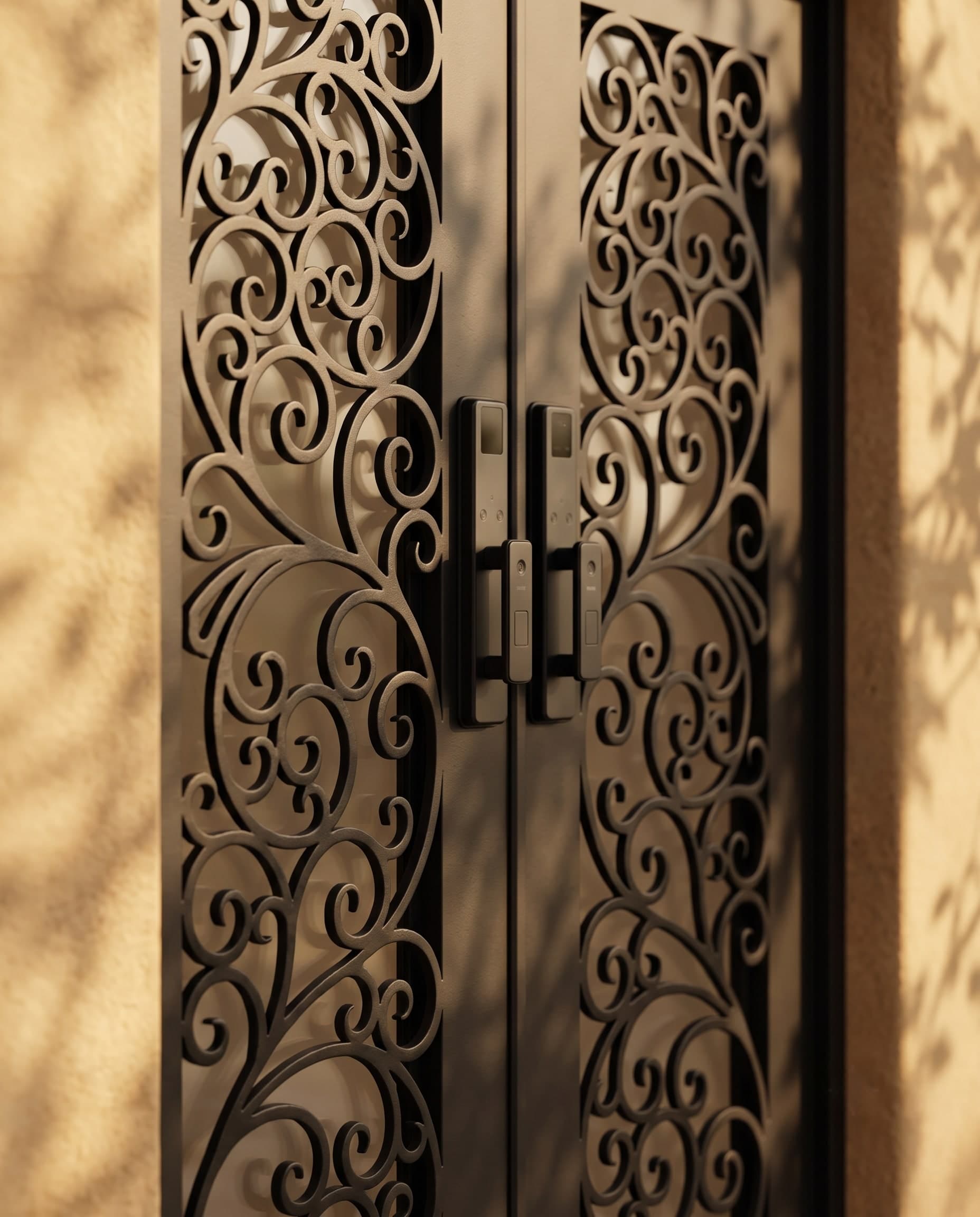 Detail — hand-forged scrollwork on a matte-black wrought-iron door in warm light