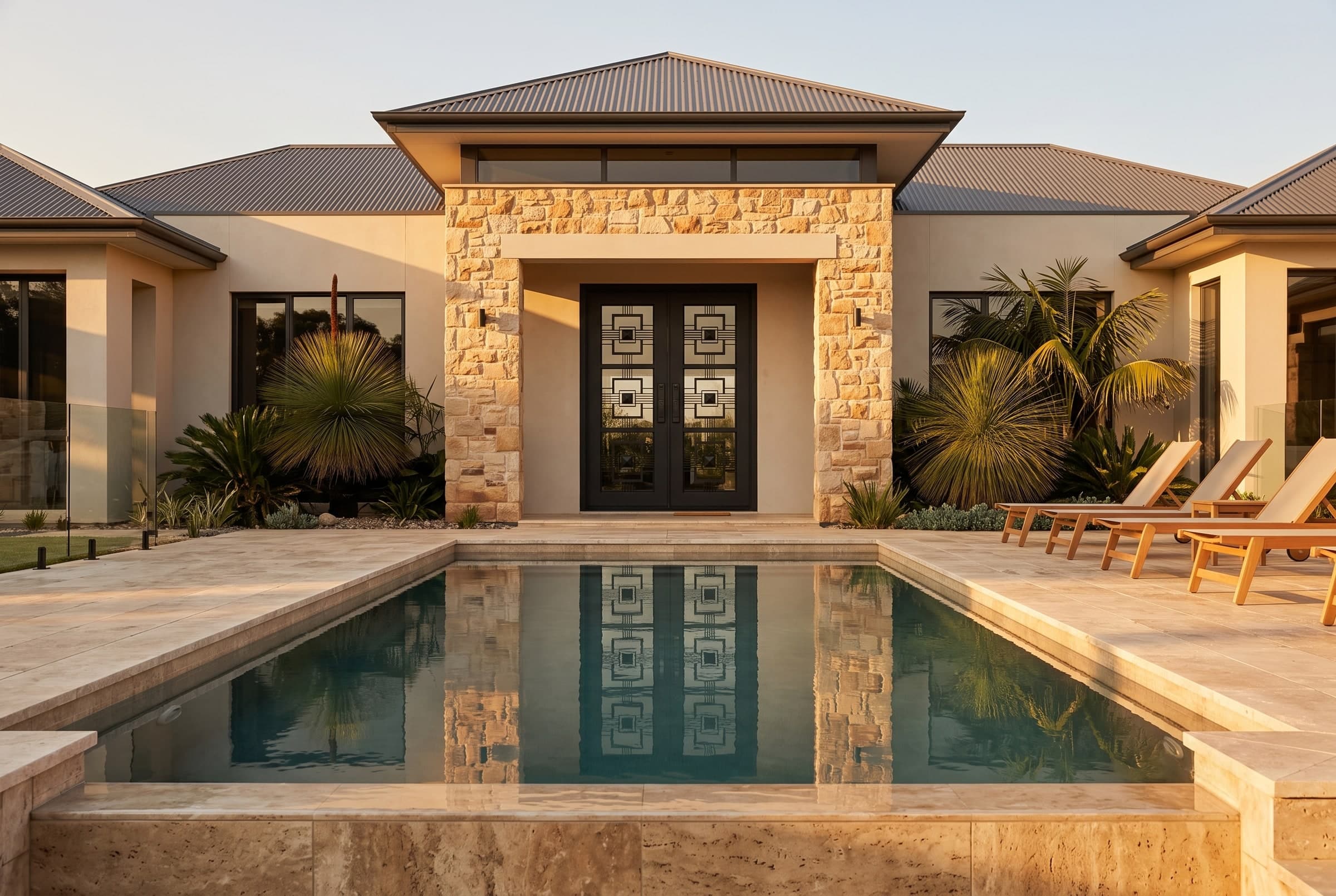 Poolside entrance — matte-black wrought-iron art-deco door beside a reflecting pool at sunset