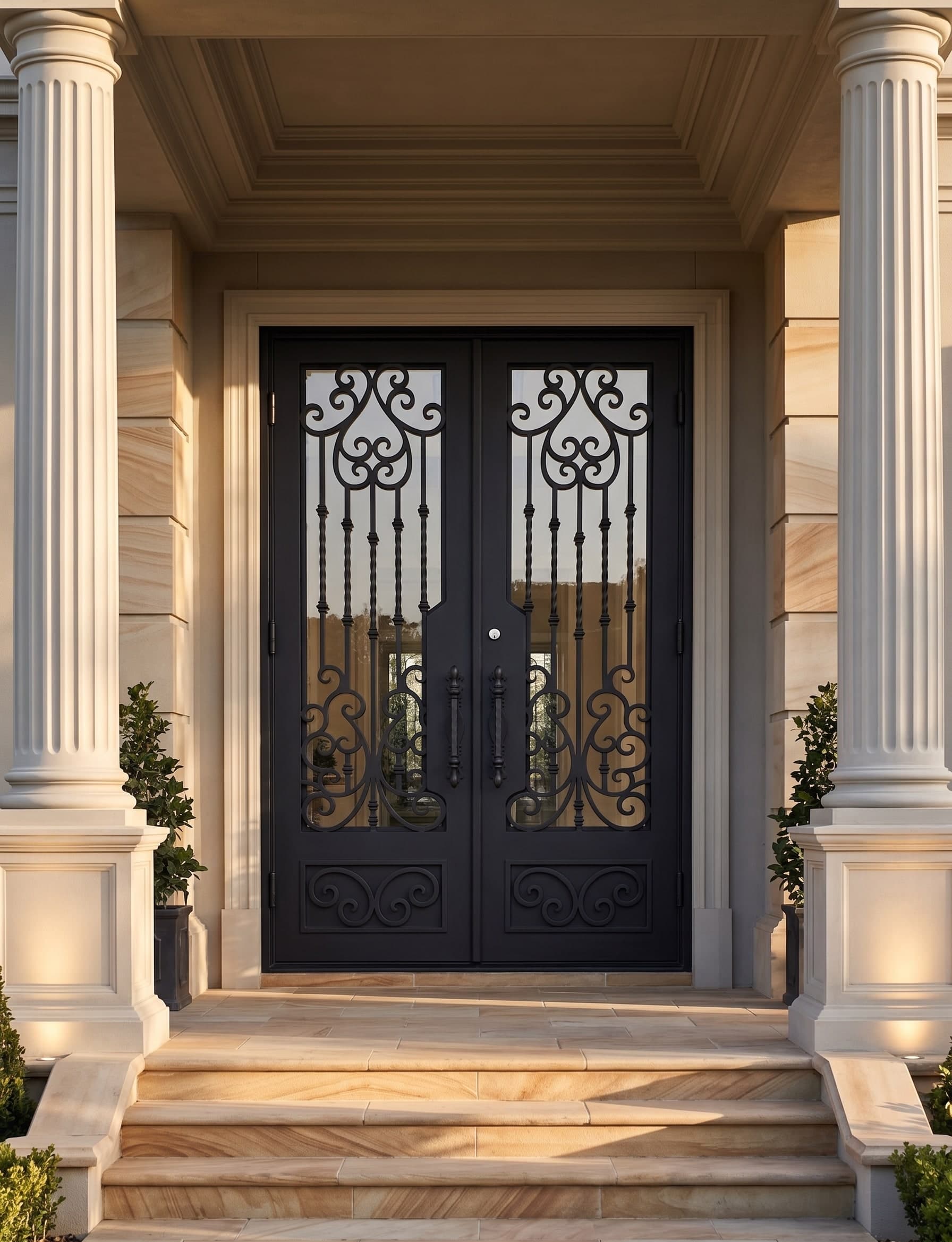 Portico entrance — matte-black wrought-iron scrollwork door between sandstone columns
